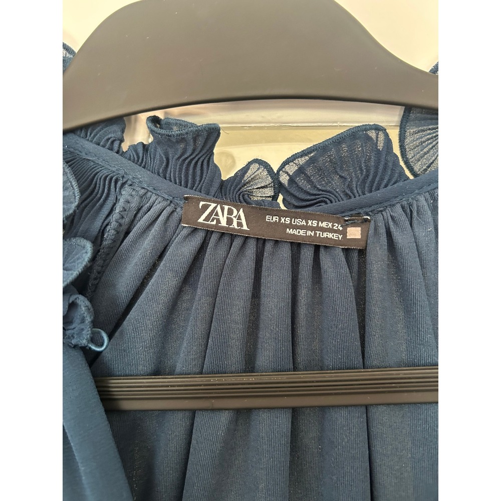 Zara Pleated Midi Dress Ruffle Neck Long Sleeve Teal Blue Size XS - Picture 5 of 7